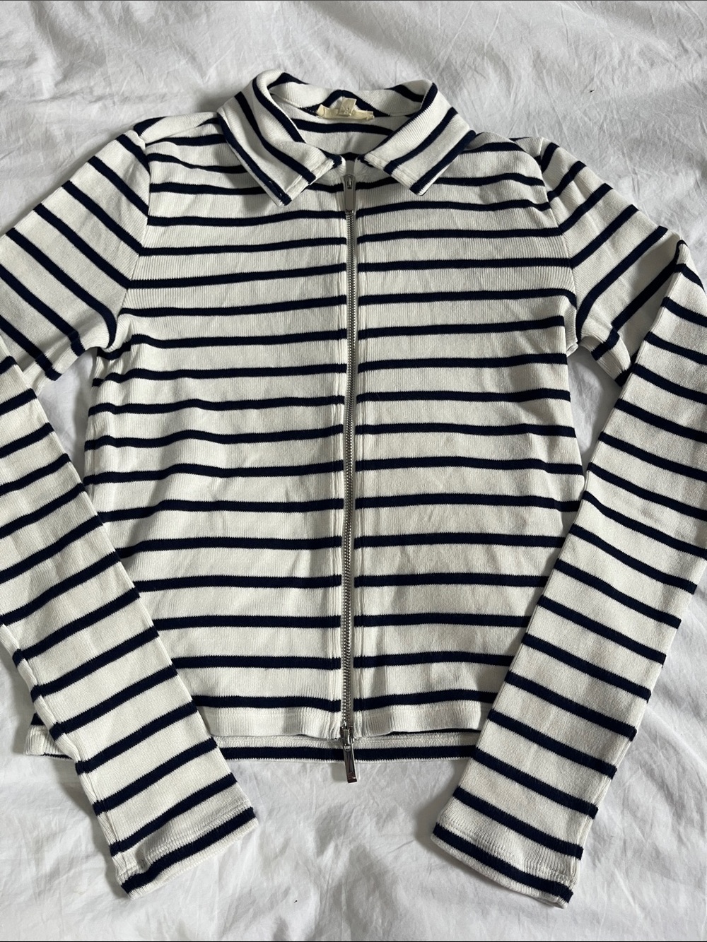 Madewell cotton nautical zip front tee collared white blue striped long sleeve